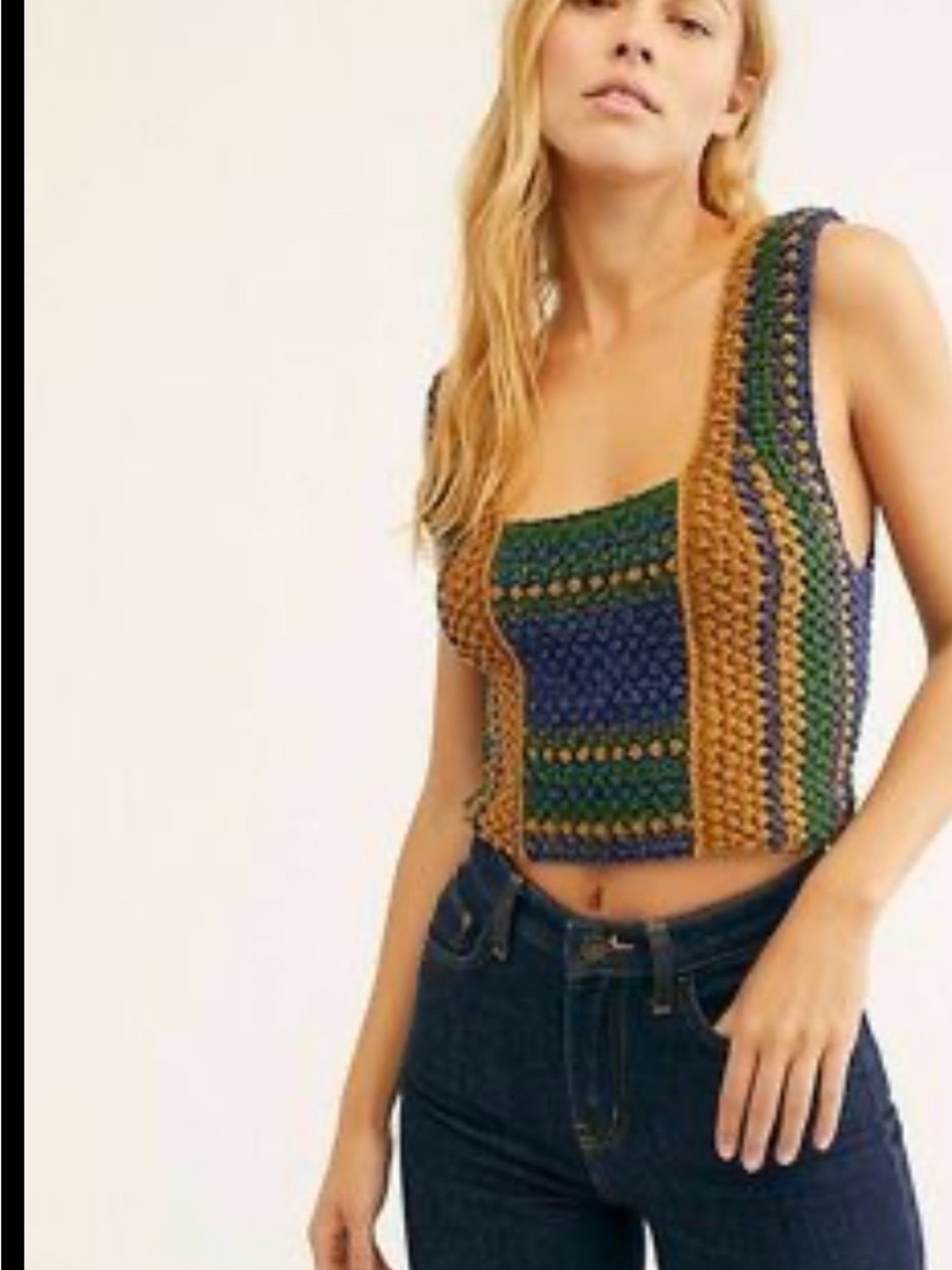 Free People Striped Crochet Camisole in Blue, Green & Tan